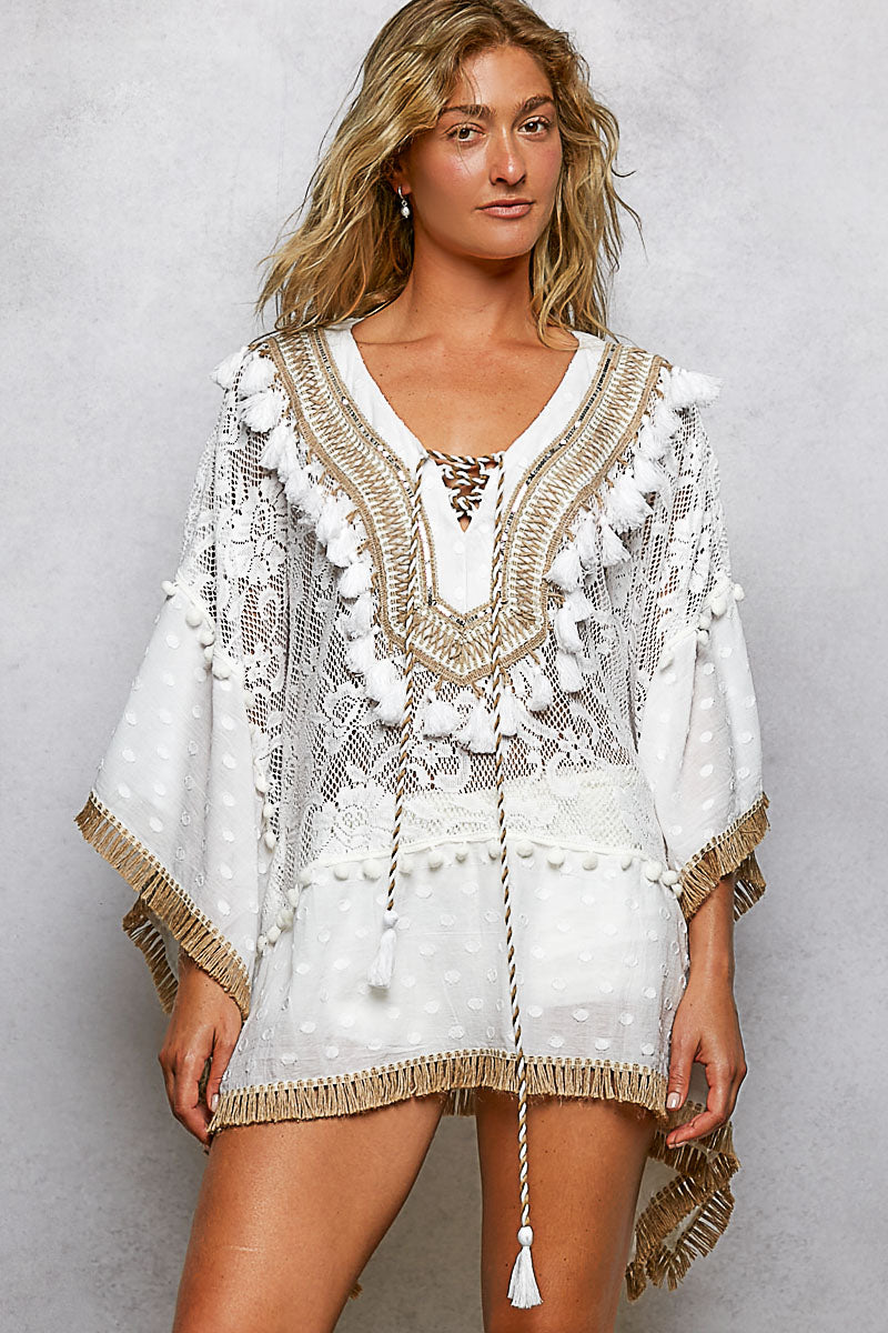 White & Beige Lace Top