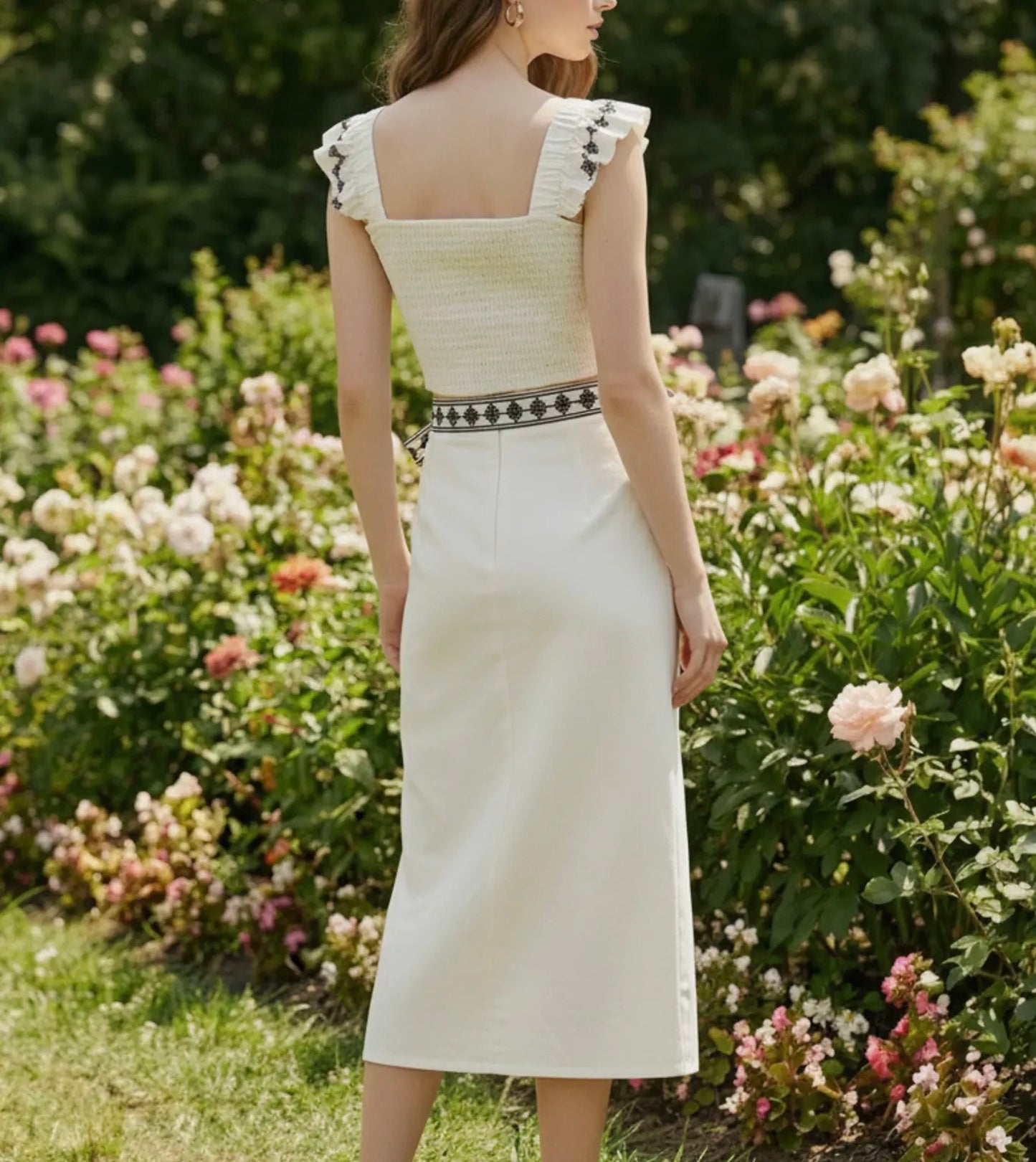 Cream & Black Embroidered Skirt Set