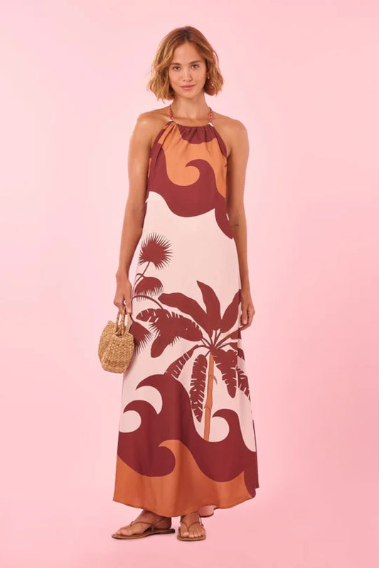 Palm Print Maxi Halter Dress