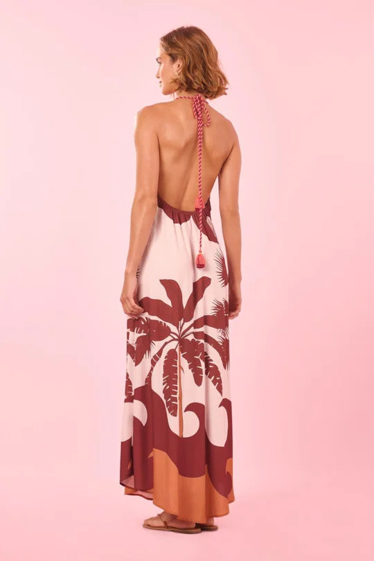 Palm Print Maxi Halter Dress