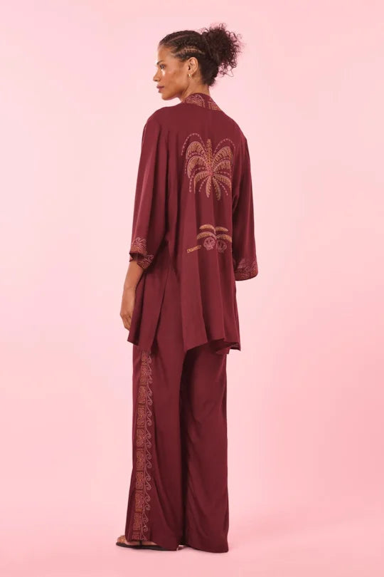 Burgundy Embroidered Linen Kimono