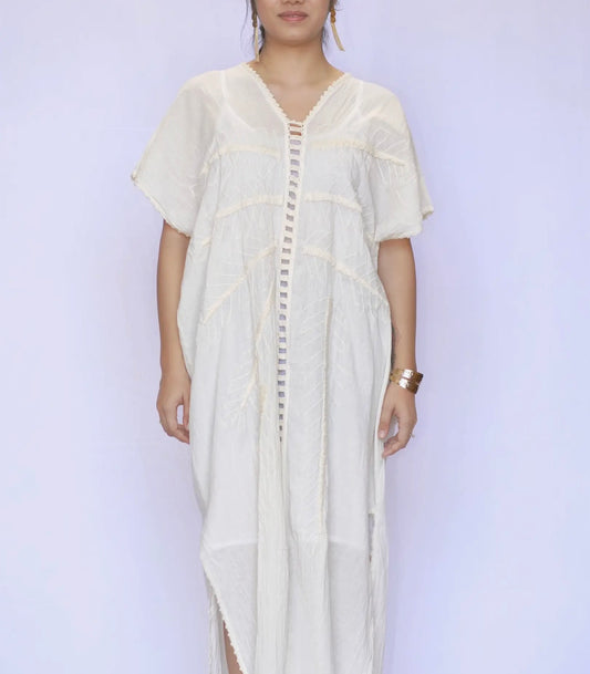 Ivory Cut Out Cotton Kaftan Dress