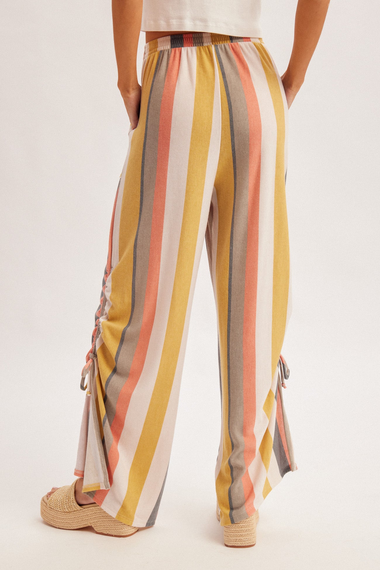 Coral & Olive Stripe Rouched Pants