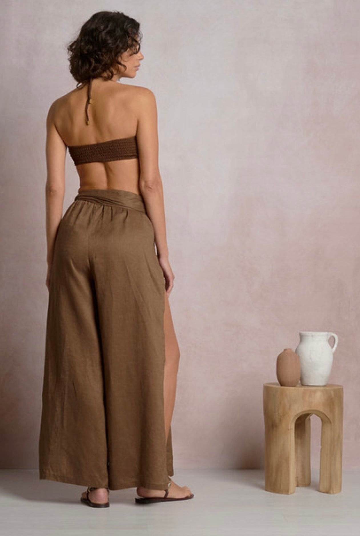 Brown Linen Pant with Beaded Belt