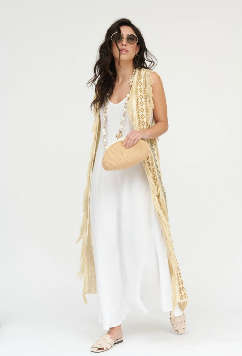 White Linen Dress with Aztec Print