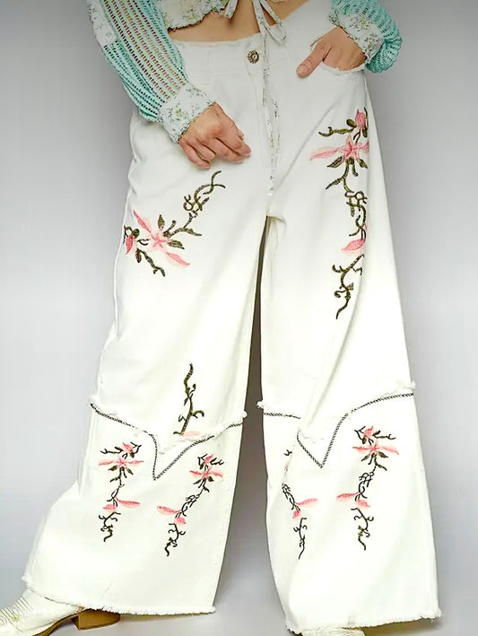 Embroidered White Jeans