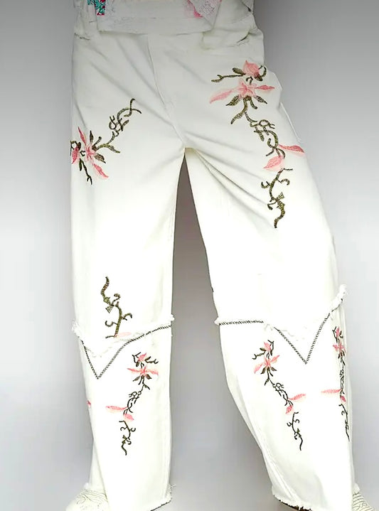 Embroidered White Jeans