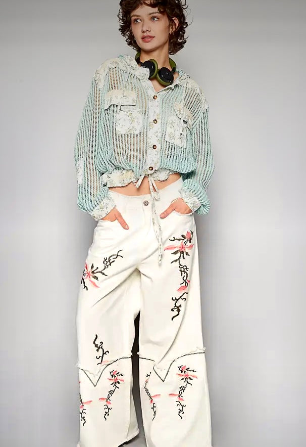 Embroidered White Jeans