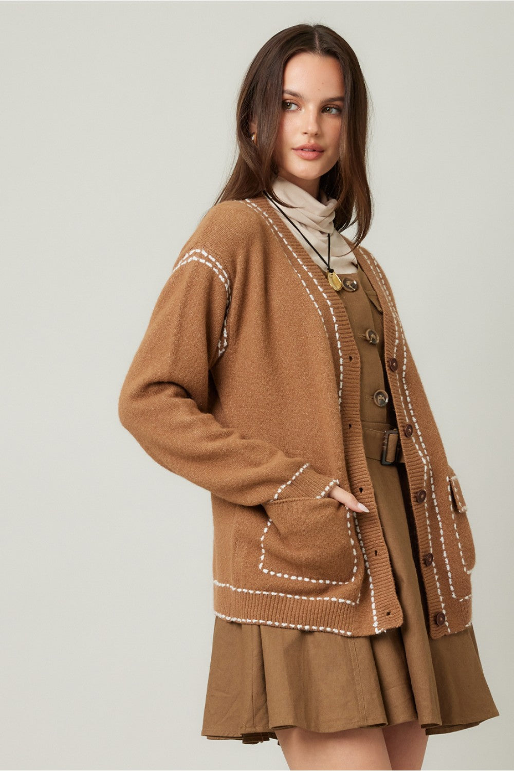 Tan with Contrast Stitching Cardigan