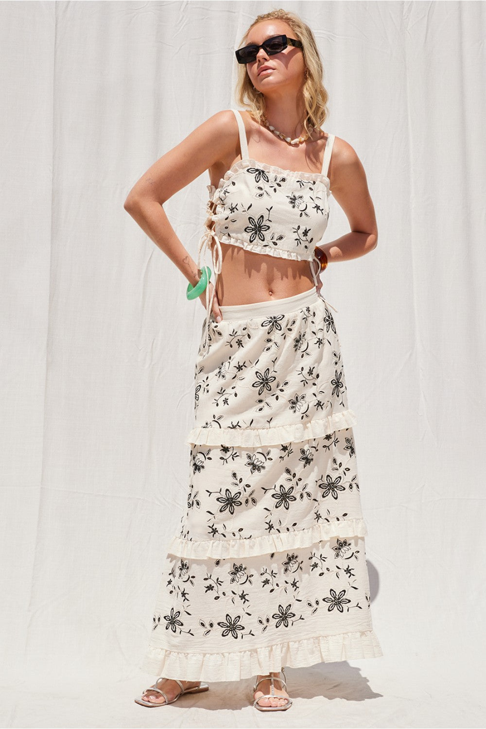 Off White with Black Embroidery Skirt Set