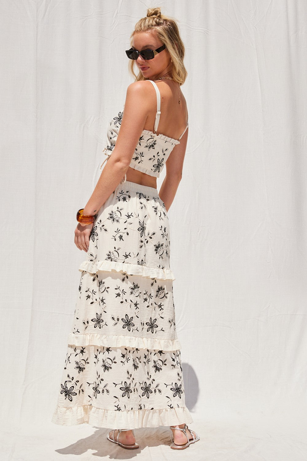 Off White with Black Embroidery Skirt Set