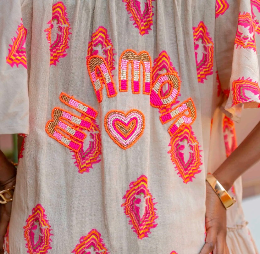 Beige & Pink Off Shoulder Dress with Beading