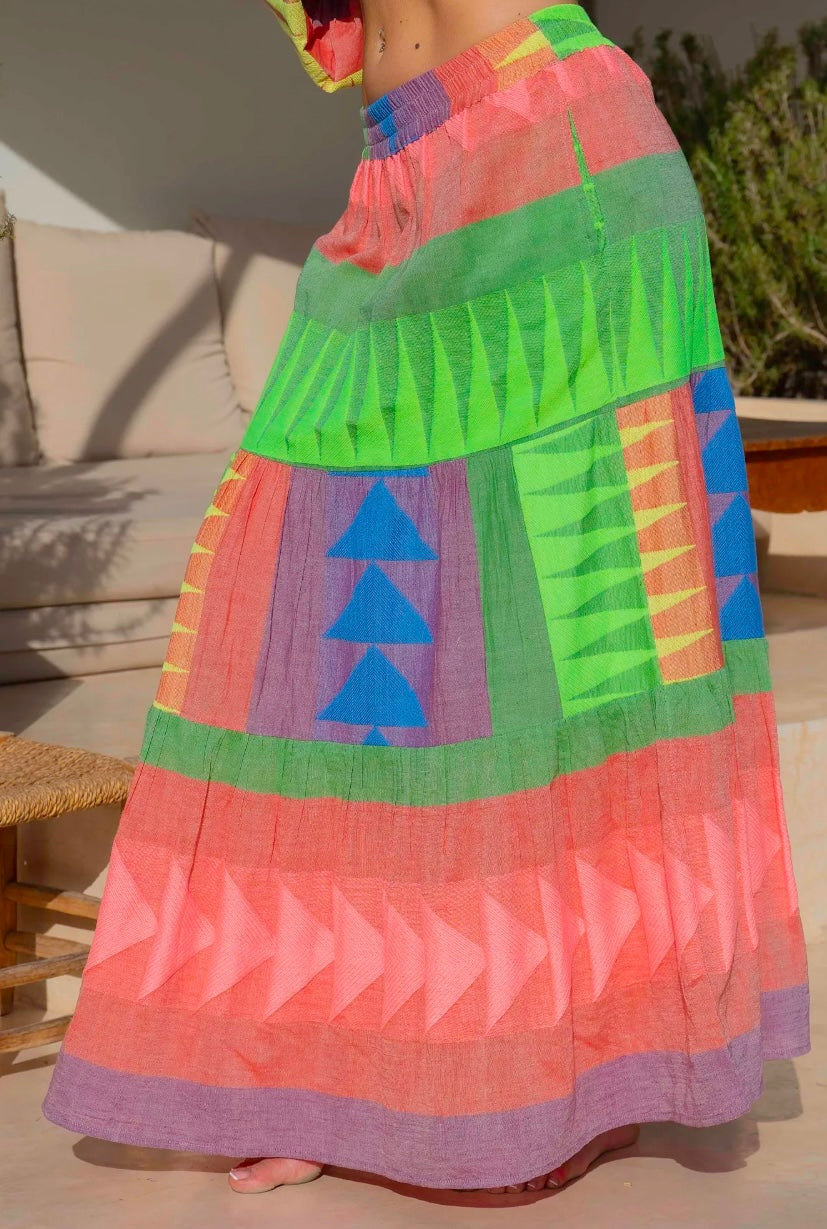 Colorful Green Ikat Maxi Skirt