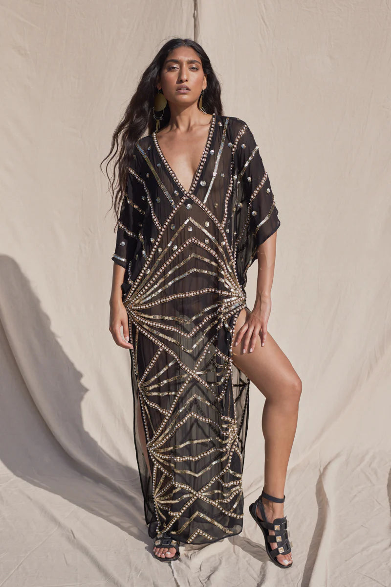 Black Kaftan With Sequin & Stud Detail