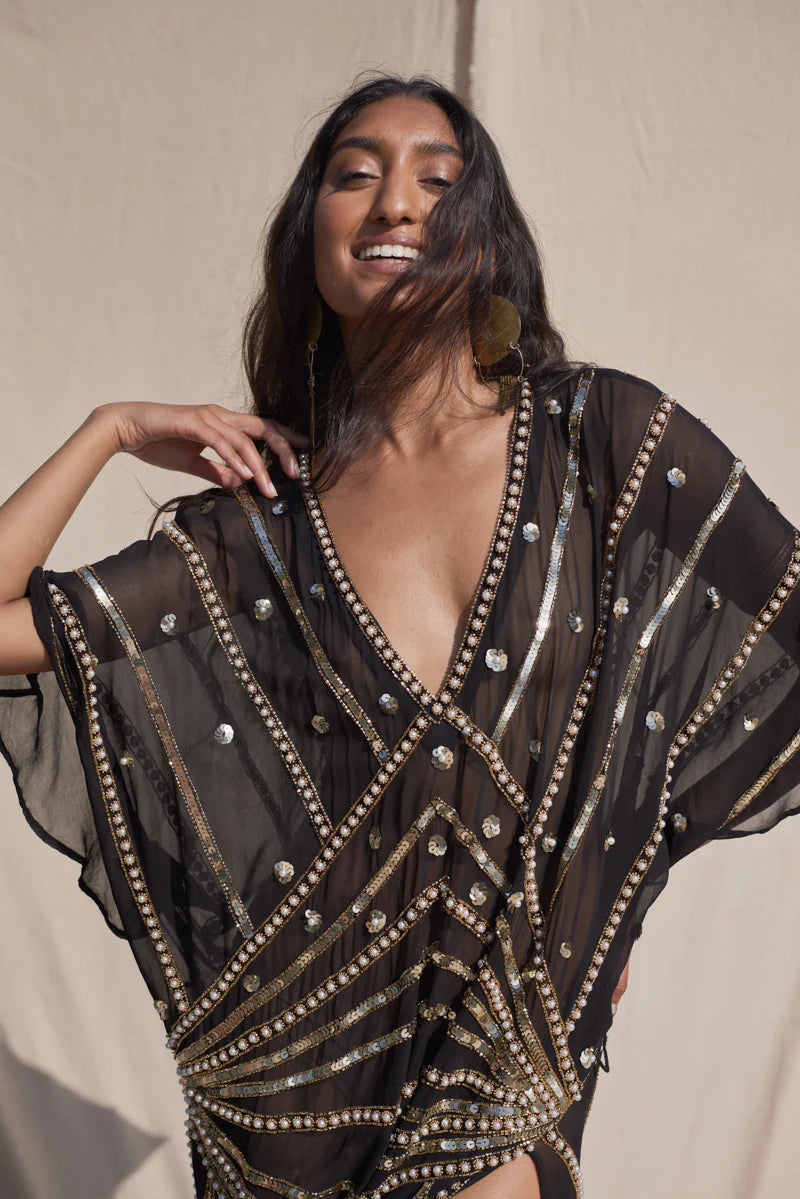 Black Kaftan With Sequin & Stud Detail