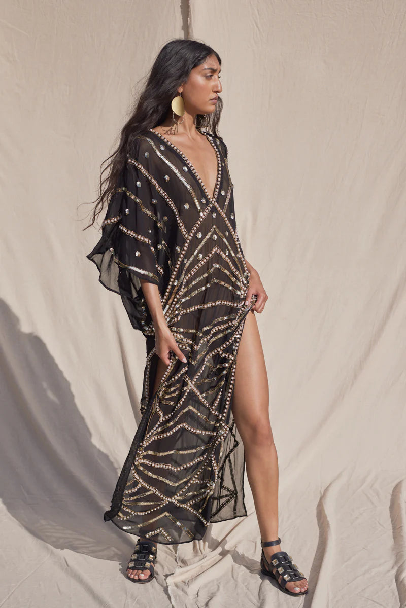 Black Kaftan With Sequin & Stud Detail