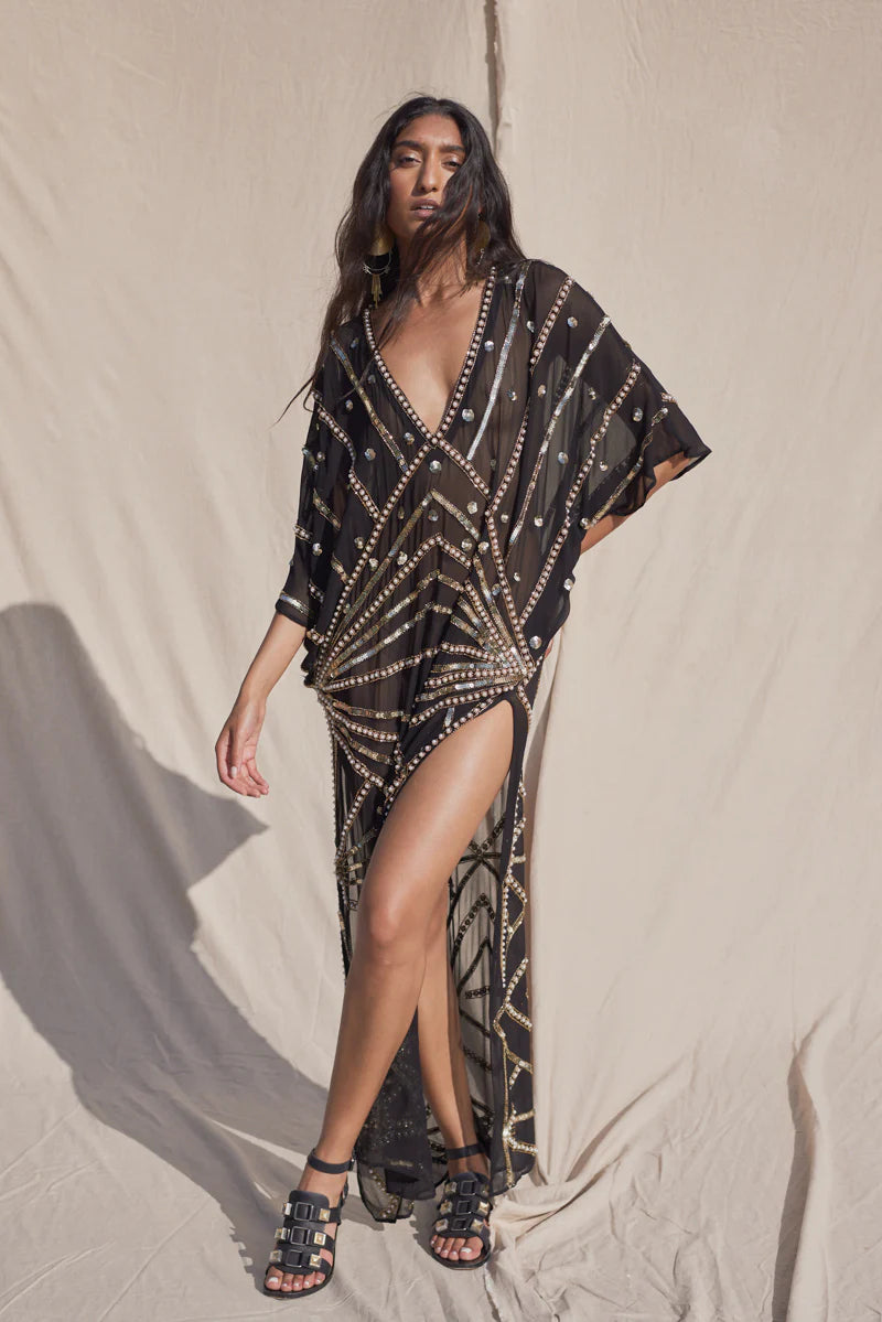 Black Kaftan With Sequin & Stud Detail