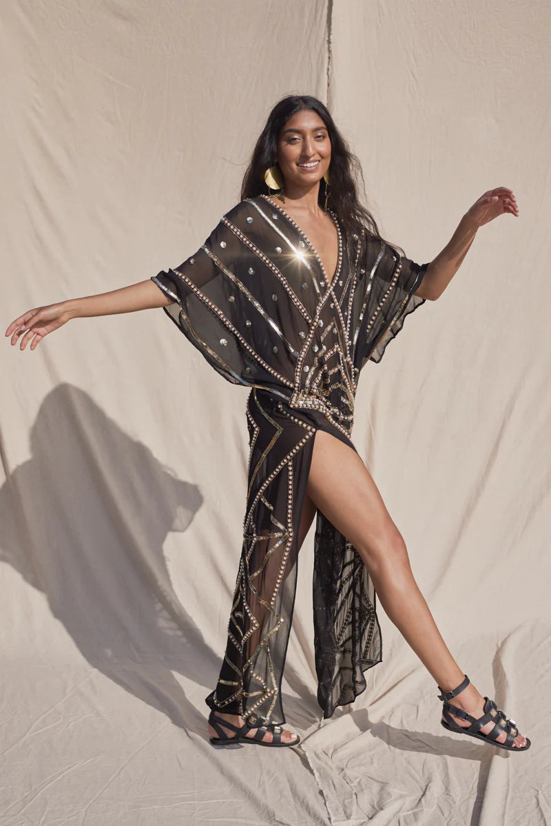 Black Kaftan With Sequin & Stud Detail