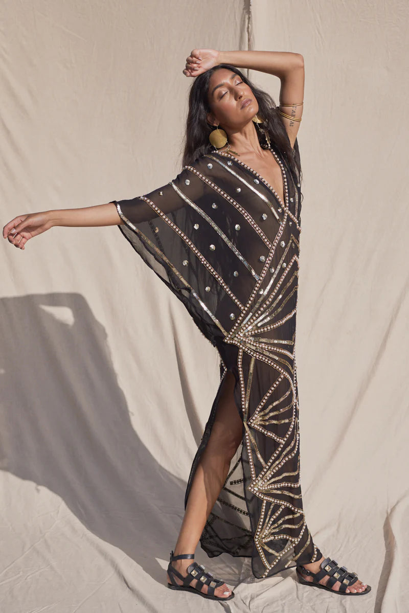 Black Kaftan With Sequin & Stud Detail