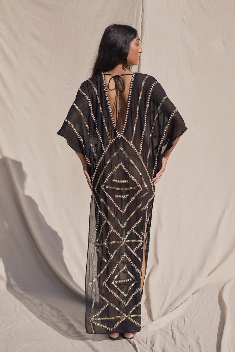 Black Kaftan With Sequin & Stud Detail