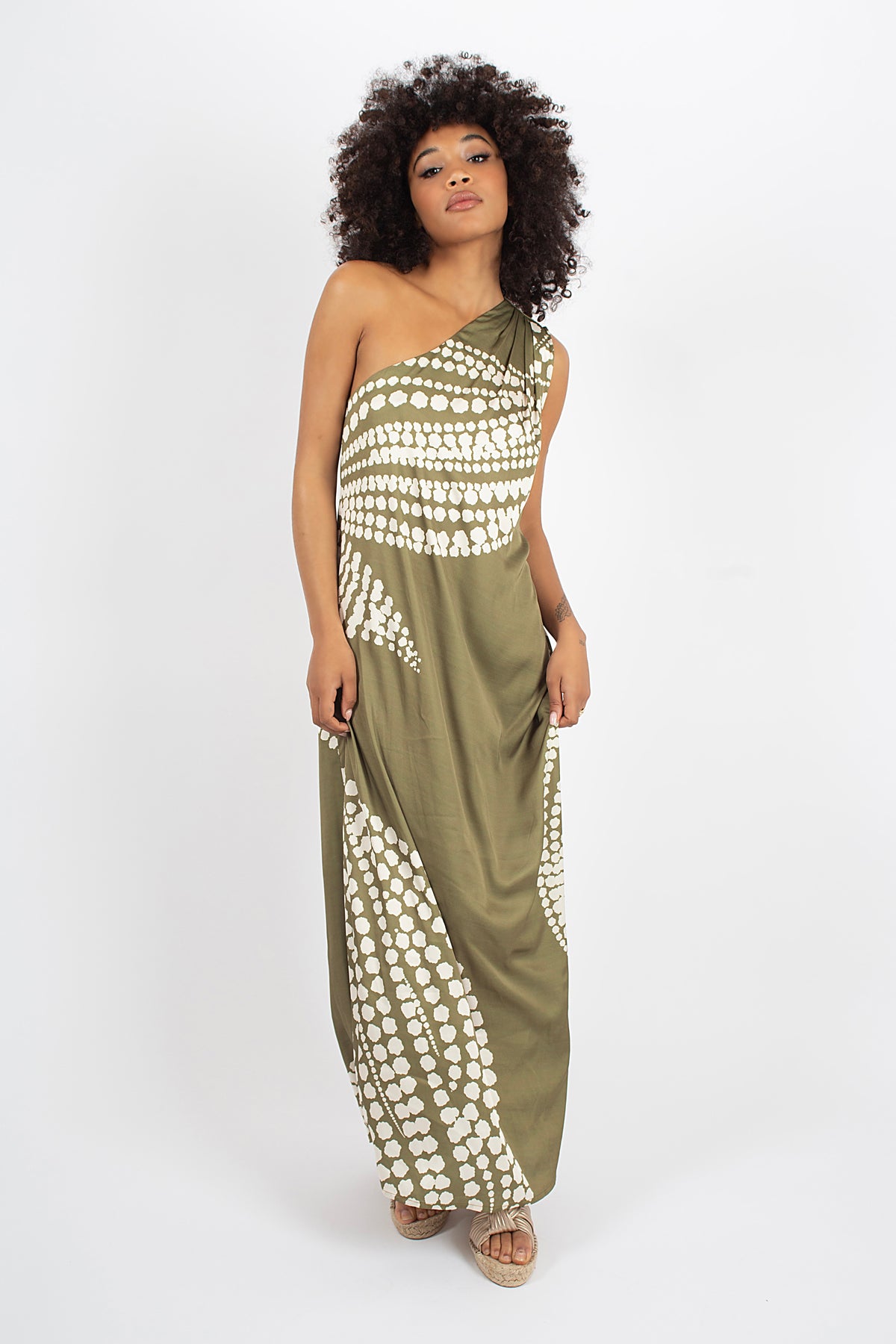Olive Print One Shoulder Silky Dress