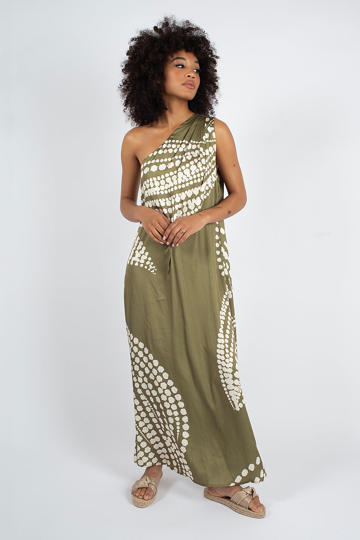 Olive Print One Shoulder Silky Dress