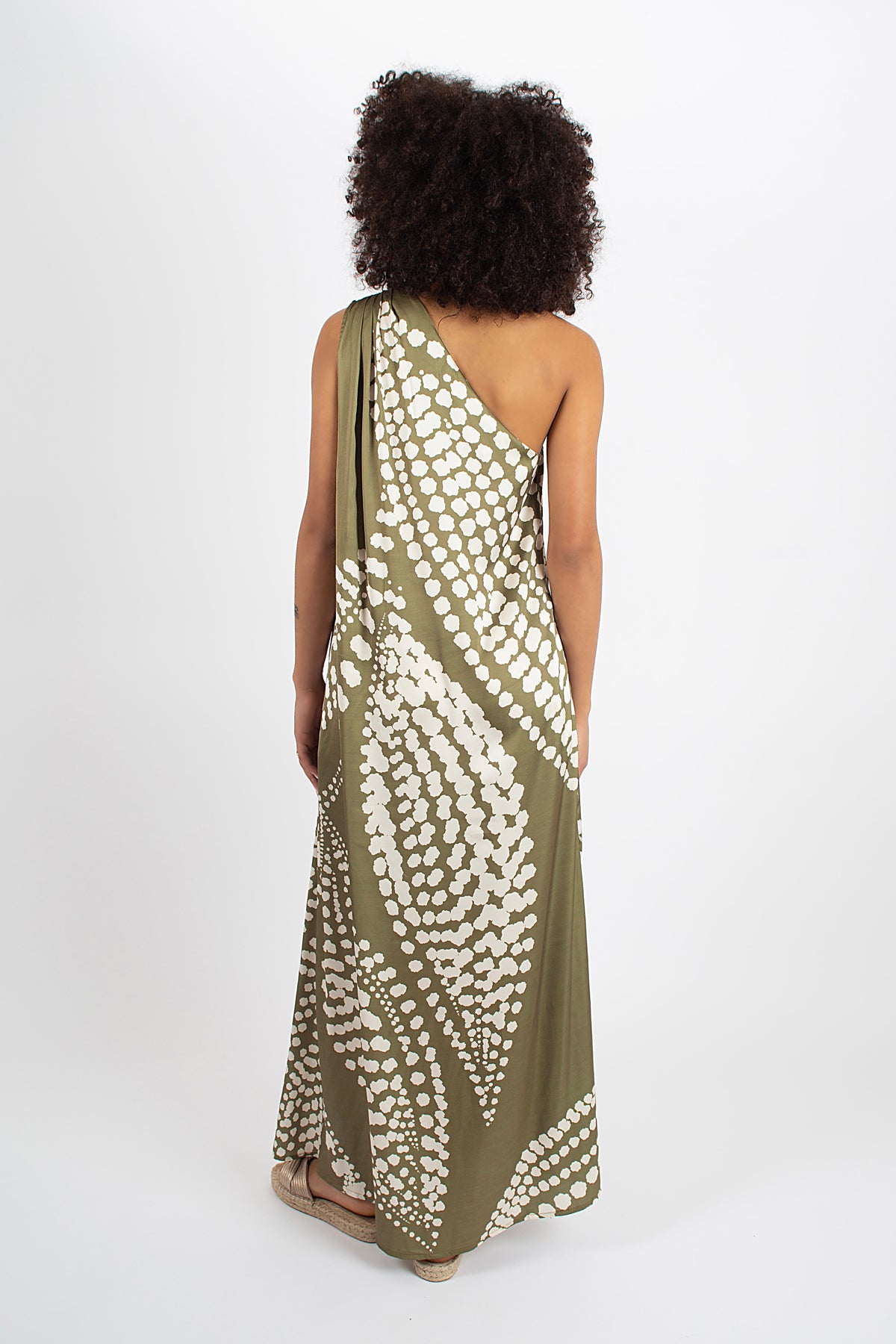 Olive Print One Shoulder Silky Dress