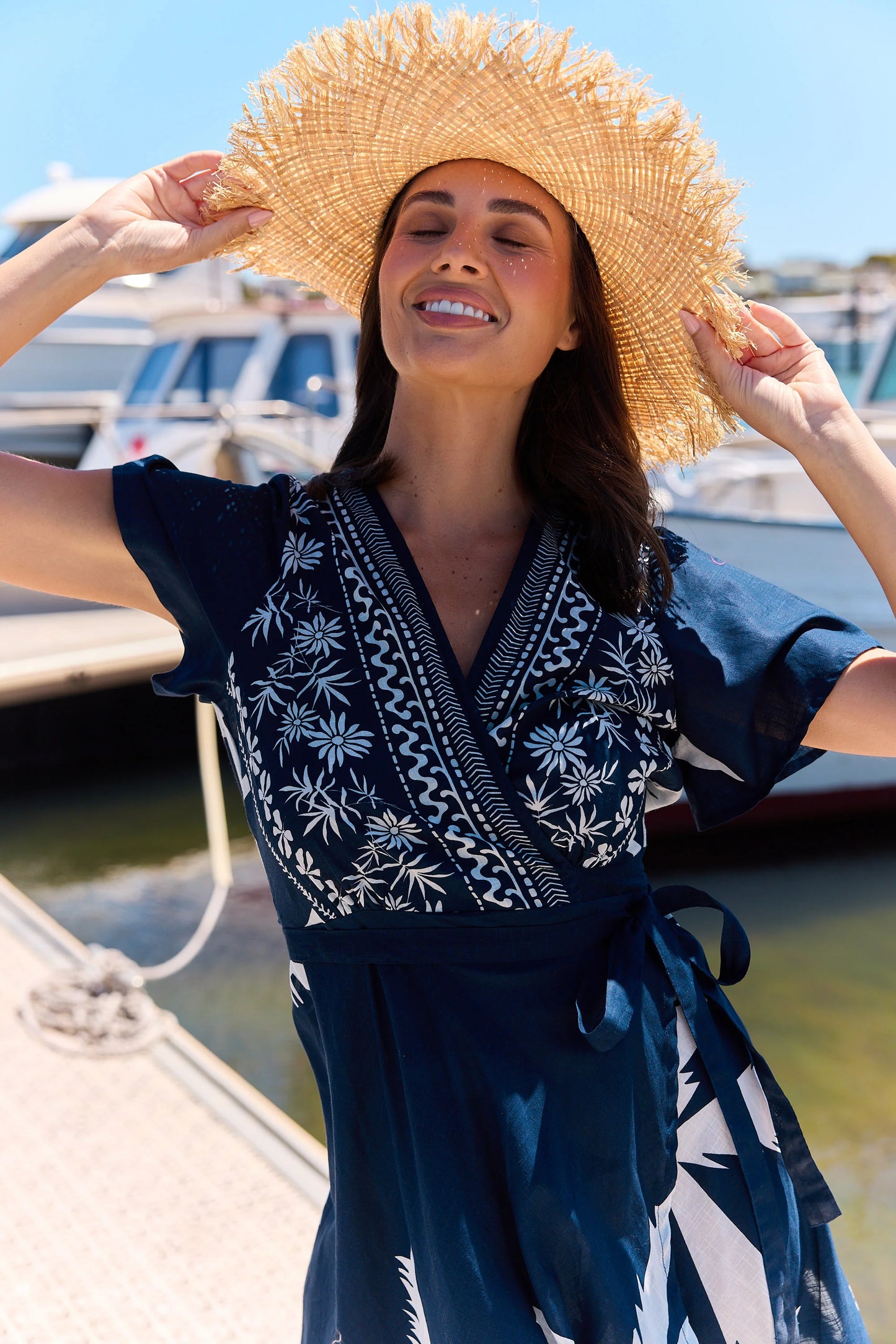 Navy Palm Wrap Dress