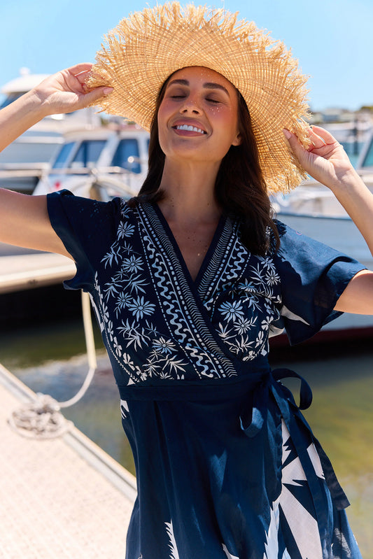 Navy Palm Wrap Dress