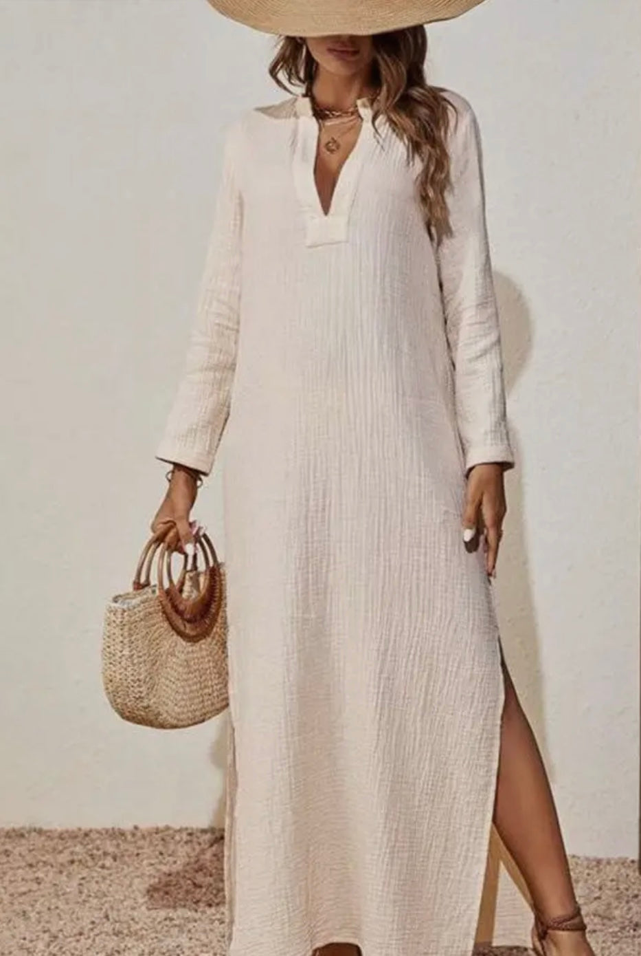 Natural V-Neck Gauze Dress