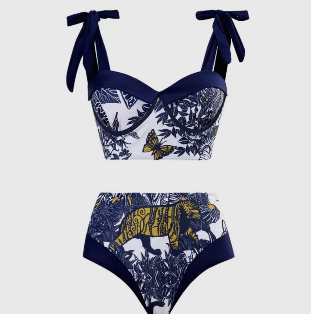 Blue Tiger Print Bikini Swim Set