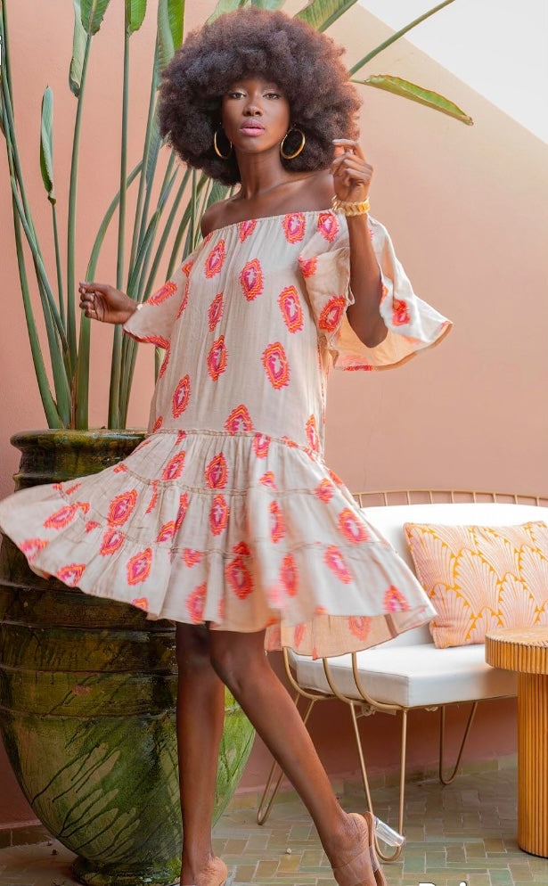 Beige & Pink Off Shoulder Dress with Beading