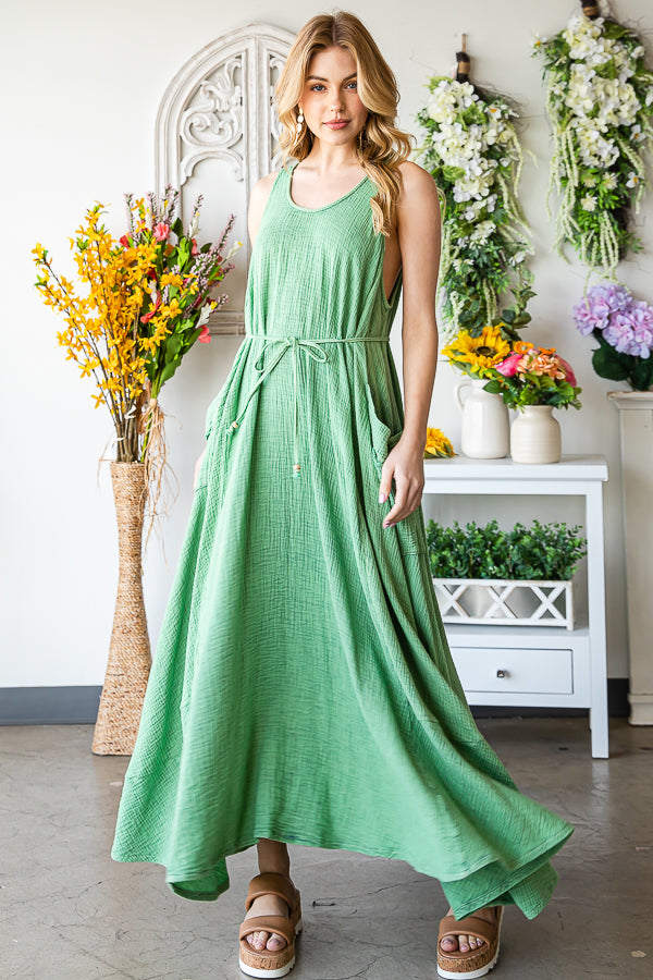 Sleeveless Dress with Pockets - Green