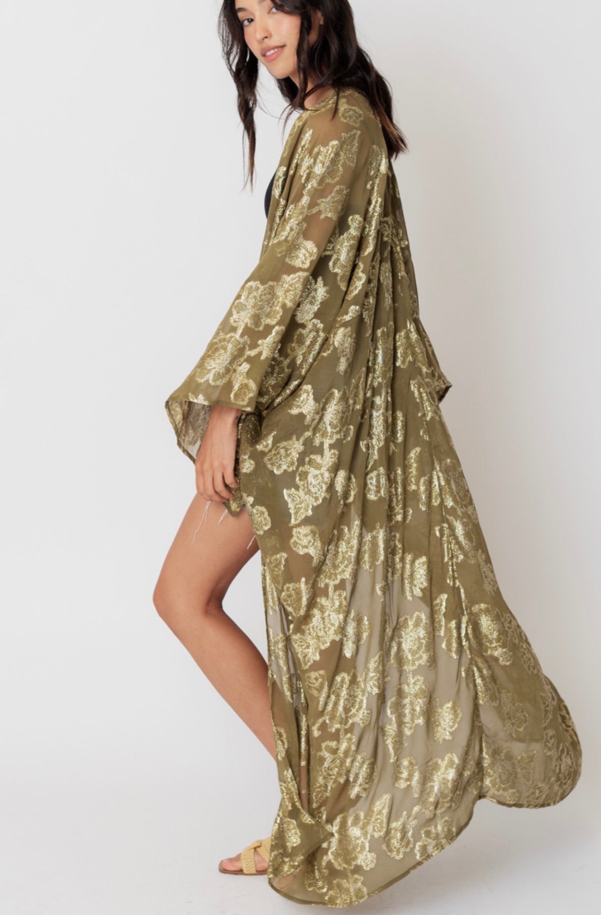 Olive Kimono with Gold Print