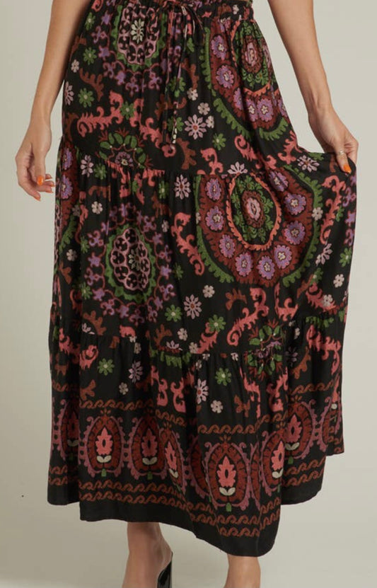 Black Print Maxi Skirt with Pockets