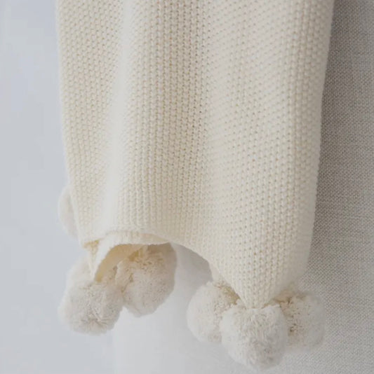 Cotton Knit Throw with Pom Poms - Cream