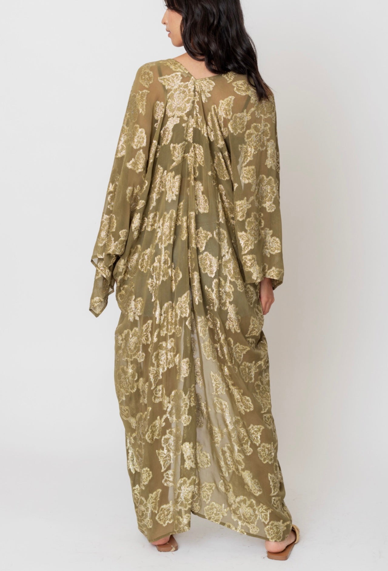 Olive Kimono with Gold Print