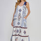 White and Blue Dress with PomPom Accent