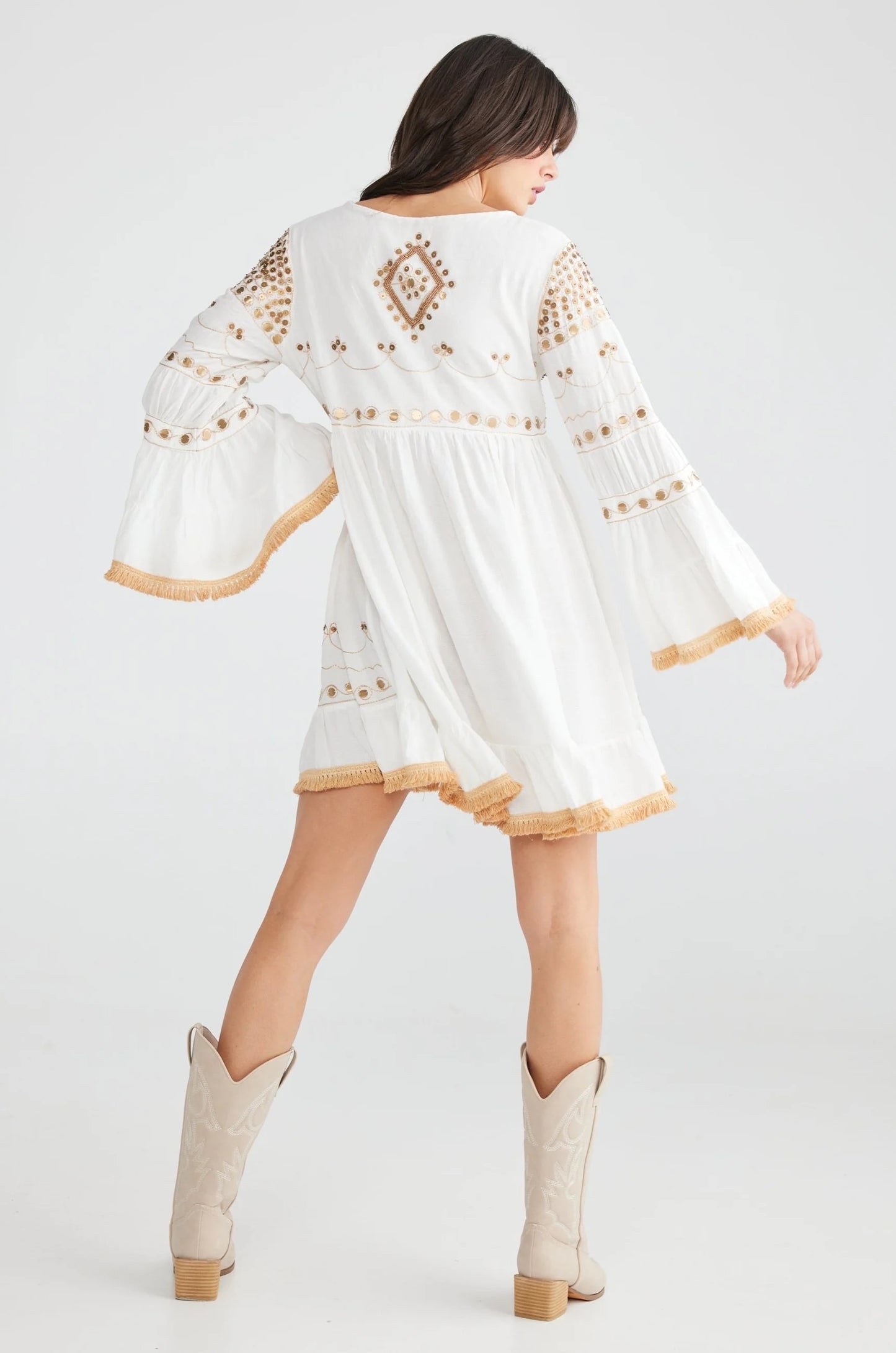 White Tunic Dress with Gold Embroidered Sequin