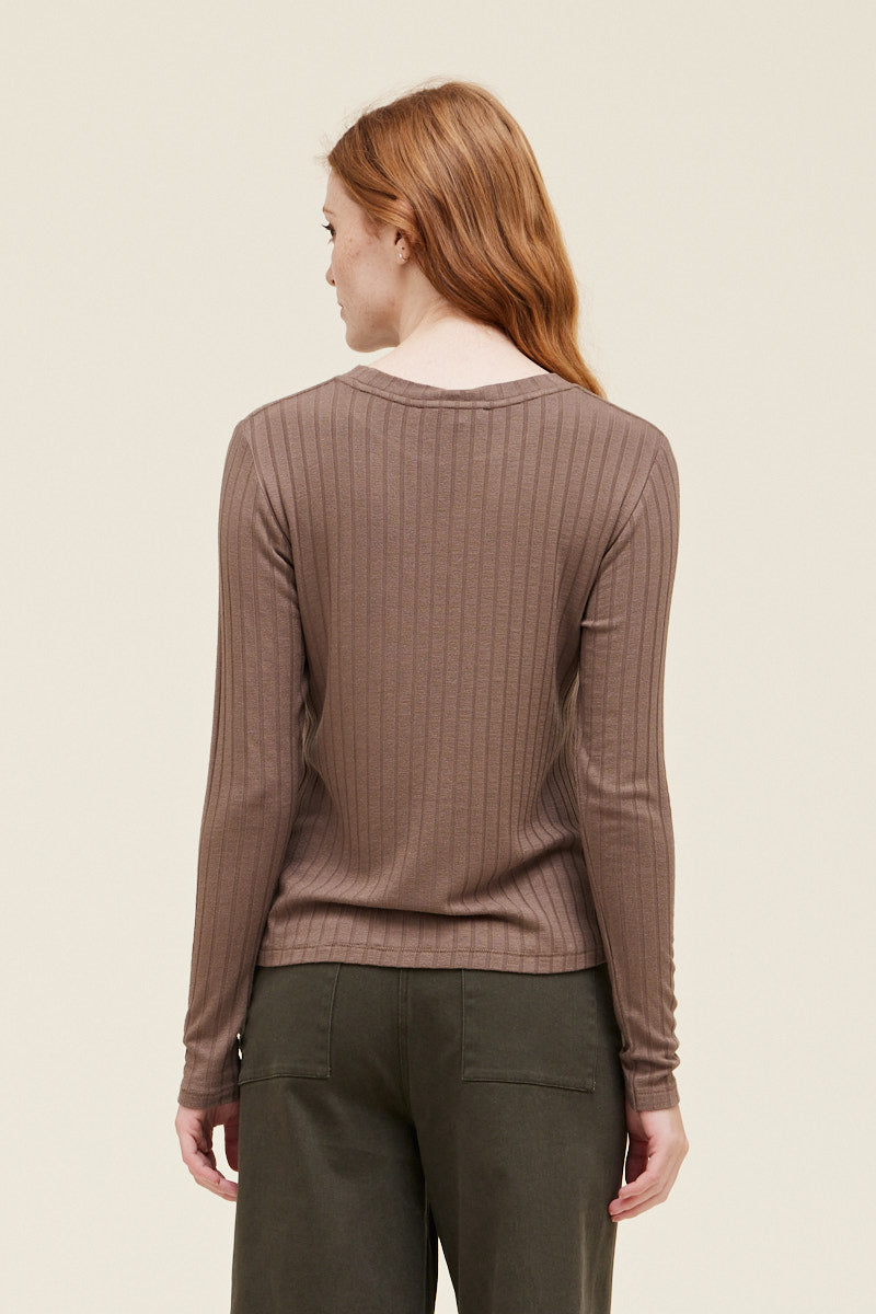 Ribbed Long Sleeve Tee with Pocket