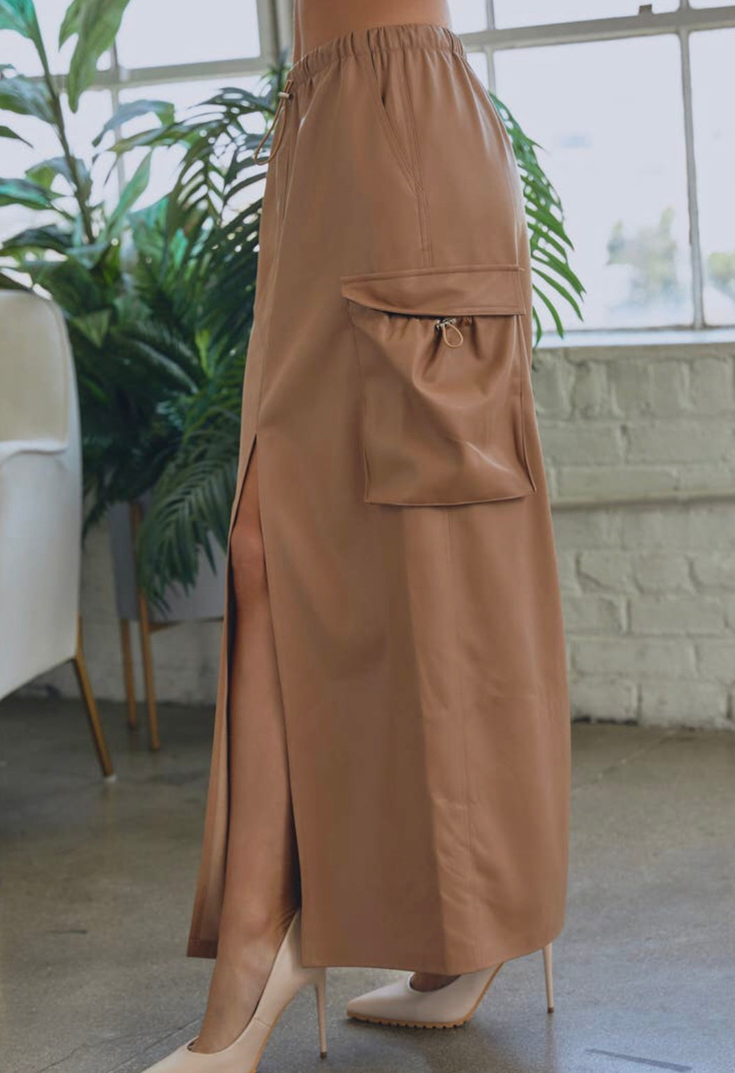 Tan Faux Leather Cargo Skirt