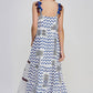 White and Blue Dress with PomPom Accent
