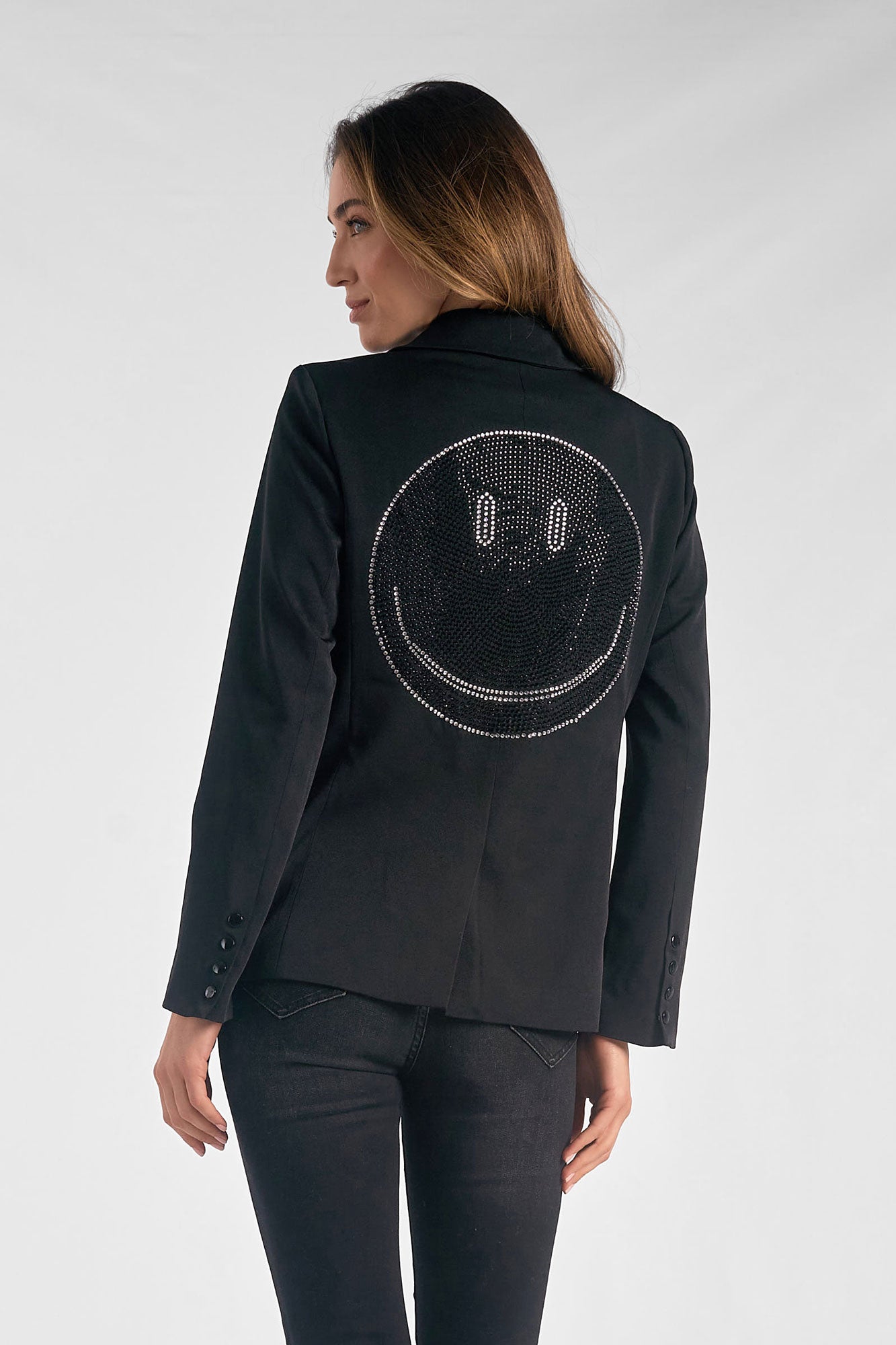 Black Tuxedo Jacket with Sequin Smiley Face