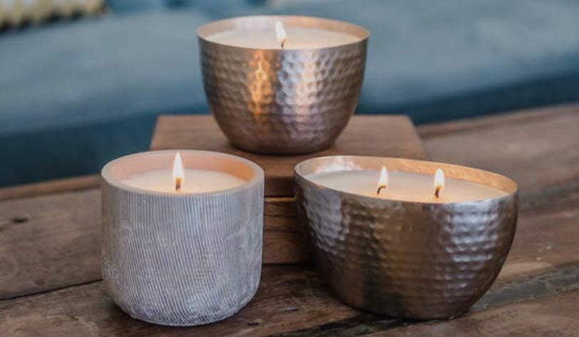 Amber & Teakwood Candle in Hammered Gold Bowl