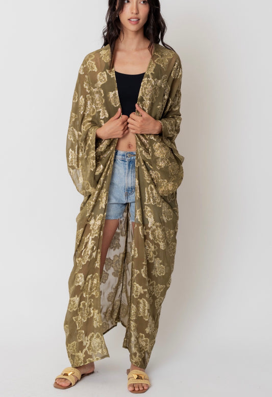 Olive Kimono with Gold Print