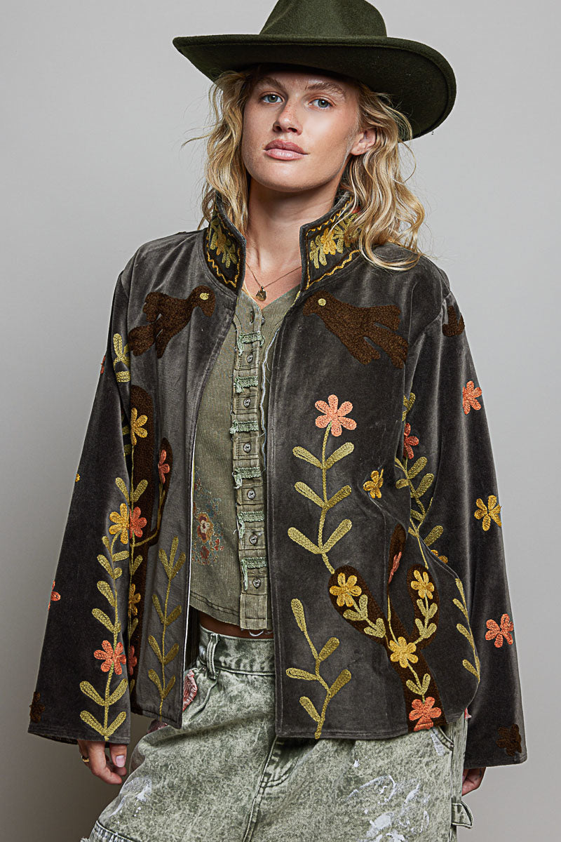 Charcoal Embroidered Velvet Jacket