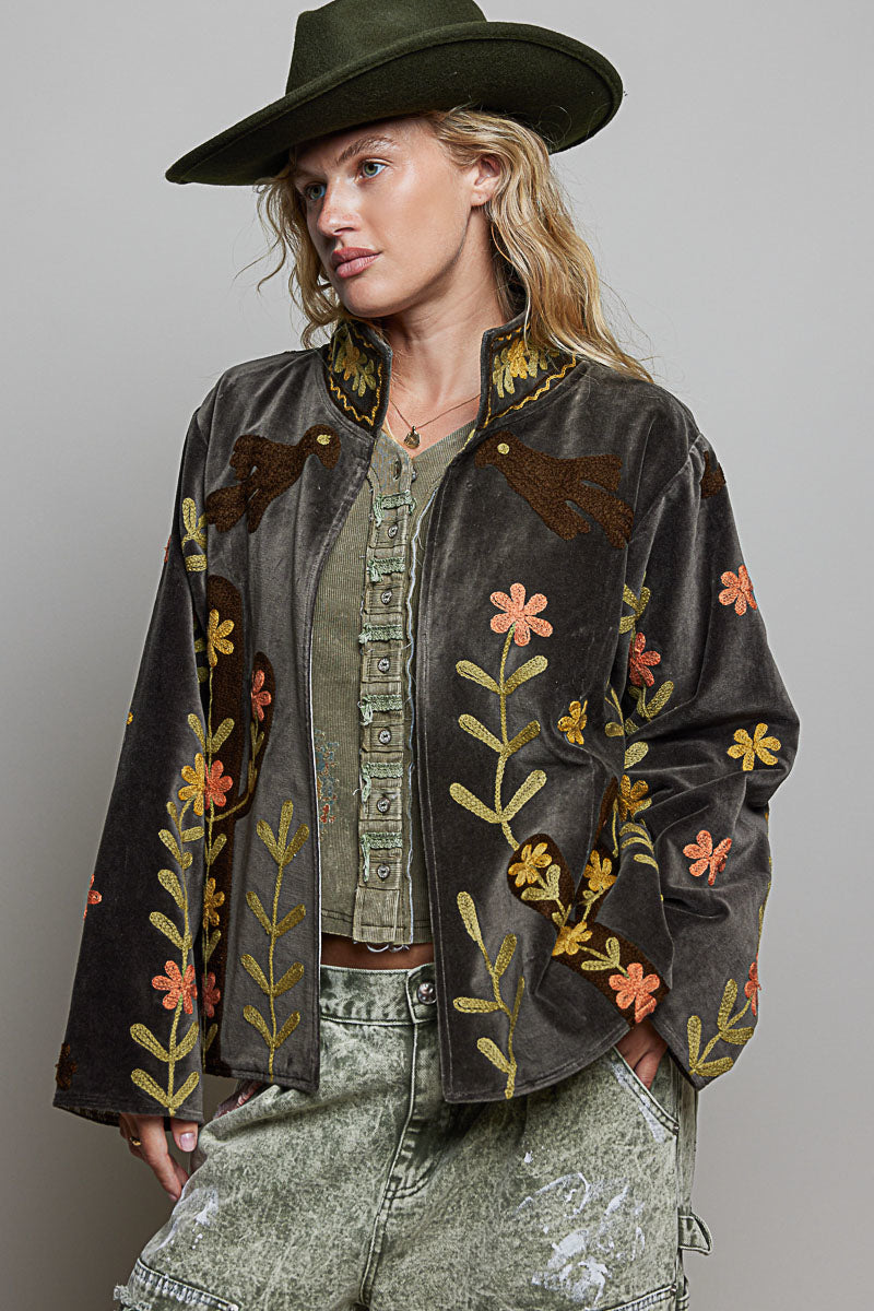 Charcoal Embroidered Velvet Jacket