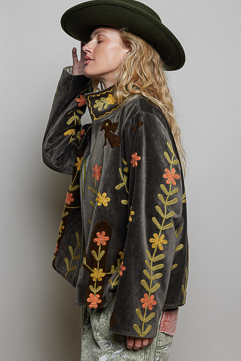 Charcoal Embroidered Velvet Jacket
