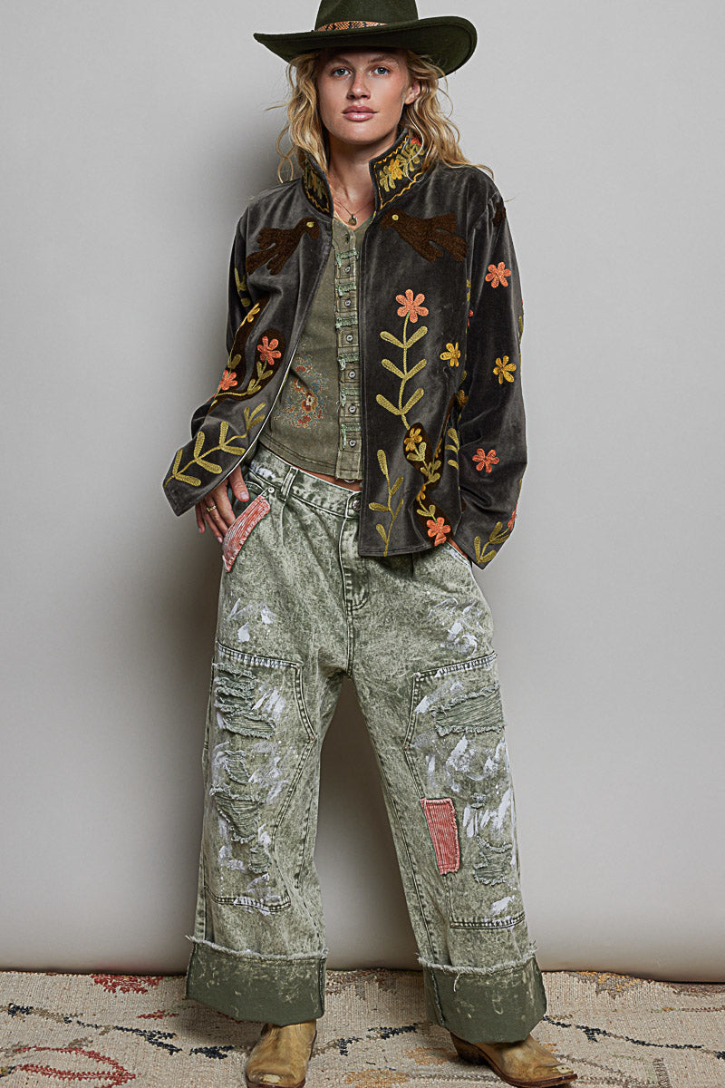 Charcoal Embroidered Velvet Jacket