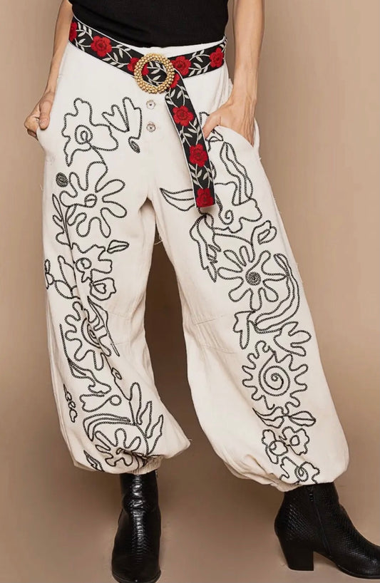 Off White & Black Embroidered Pants